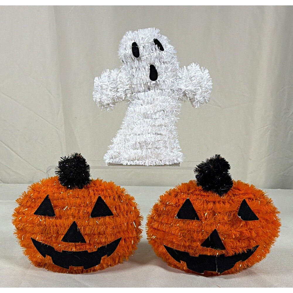 3 Halloween Tinsel Decorations Ghost Jack O Lantern Pumpkins Vintage Style